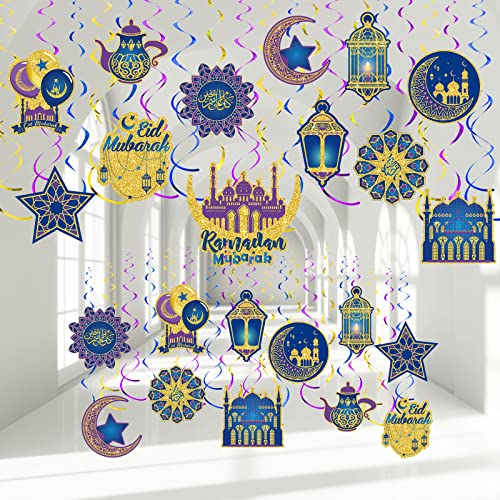 Zonon 30 Pieces Eid Ramadan Mubarak Decorations for Home Hanging Swirl Streams Ceiling Decor Star Moon Lantern Shining Foil Decor for Eid Al-fitr Party Egyptian Supplies(Blue Dark Purple Gold) - color: Blue Dark Purple Gold