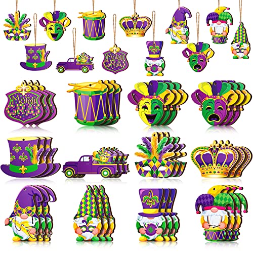 Patelai 36 Pcs Mardi Gras Ornaments for Tree Wooden Mardi Gras Tree Decorations Purple Yellow Green Gnome Crown Mask Hanging Ornaments for Carnival Holiday Party Favors - style: Clown