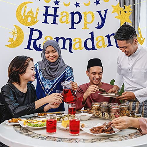 Ramadan Kareem Banner Glitter Happy Ramadan Words Stars Moon Banner, Eid Mubarak Decor Banner for Ramadan Kareem Party Decoration Anniversary Home Bedroom Front Door Room Hanging Decoration Supplies