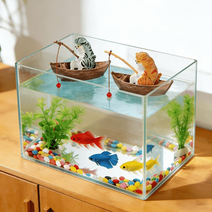 Fishing Cat Aquarium Decoration Resin Figurine, Cute Fish Tank Ornament for Cats to Watch, Mini Ocean Theme Landscape Statue, Fish Bowl Decor, Desktop Home Accessory, Aquarium Floating Tank Decoration
