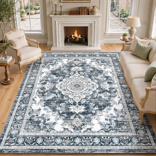 8x10 Area Rugs for Living Room, Boho Washable Non Slip Carpet, Dark Blue - color: Dark Blue, size: 8' x 10' (Rectangular)