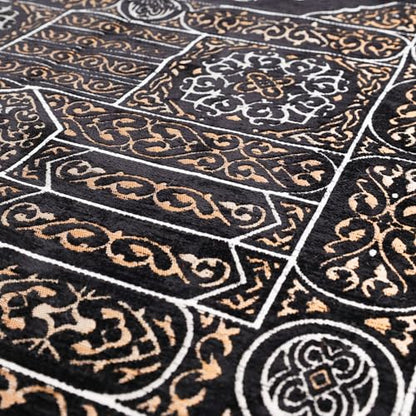 Mihrab Islamic Prayer Rug, Arabesque Velvet Janamaz and Sajadah | Geometric Motif, Black Prayer Mat with Gold Accents and Fringes, Elegant Turkish Namaz Rug for Men Women, 27 x 43 In - color: Black Kaaba Door