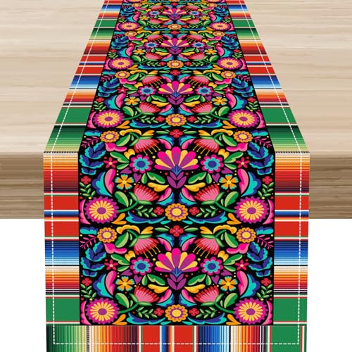 Mexican Table Runner，Floral Colorful Fiesta Cinco de Mayo Dia De Los Muertos Day of The Dead Rustic Kitchen Dining Table Scarf for Kitchen Living Room Home Party Decor 13"x36" - color: Tr-mexican05, size: 13x36" Table Runner
