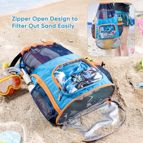 Mesh Drawstring Backpack with Shoe Compartment, Sandproof Beach Swim Bag with Wet Pocket, Pool Gym Shower Bag for Travel Summer Camp - color: Blue - Orange, style: Style a