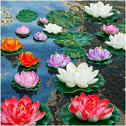 14Pcs Artificial Lily Pads and Artificial Lotus Flower | 9Pcs Fake Lily Pads, 5pcs Artificial Foam Lotus Flower for Pool Garden Koi Fish Pond Aquarium Wedding Decor - size: 11 inches, 6 inches