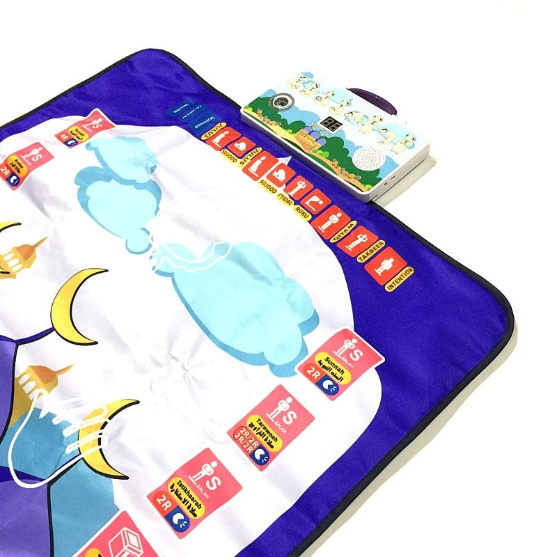 Sanyi Kids Muslim Prayer Rug - Electronic Islamic Prayer Carpet Mat, Teaching Talking Music Mat with Worship Step Guide for Kids Toddlers, 6/7 Languages, 43.3 x 27.5 Inch (Blue)