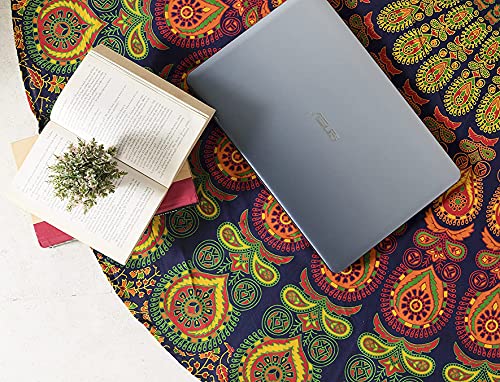 raajsee Yellow Mandala Round Beach Tapestry Hippie/Boho Beach Blanket/Indian Cotton Throw Bohemian Round Table Cloth/Aesthetic Tapestry/Yoga Mat Meditation Picnic Rugs 127 CM / 50 INCHE Circle - color: Yellow, size: 5 feet 10 inches (Round)