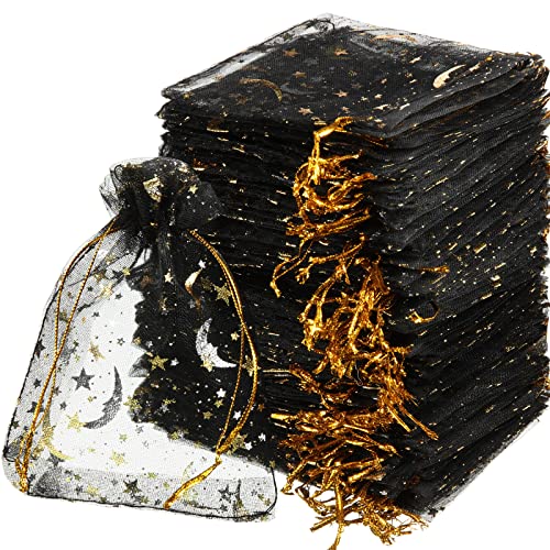 Shappy 150 Pieces Moon Stars Drawstring Organza Bags Jewelry Gift Bags Pouches Gold Star Organza Favor Pouches for Christmas Wedding Party (Black, 3.5 x 4.7 Inch) - color: Black