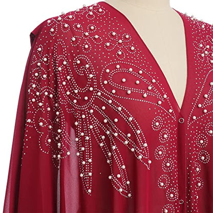 OBEEII Muslim Dress for Women Loose Batwing Sleeved Hooded Beaded Embroidery Long Abaya Dress Kaftan Abayas Islamic Robe - color: Bs08