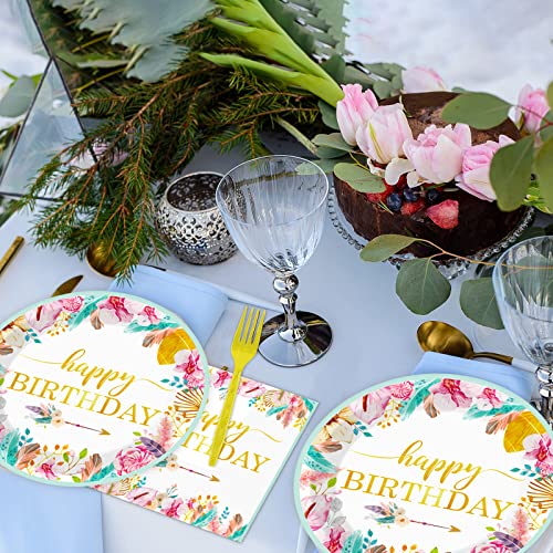 Tevxj 96 Pieces Happy Birthday Party Plates Napkins Boho Decorations Gold Metallic Tableware for Boys and Girls Happy Birthday Dessert Plates Napkins Forks for 24 Guests Party Supplies Favor - style: Boho Happy Birthday