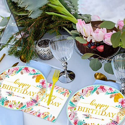 Tevxj 96 Pieces Happy Birthday Party Plates Napkins Boho Decorations Gold Metallic Tableware for Boys and Girls Happy Birthday Dessert Plates Napkins Forks for 24 Guests Party Supplies Favor - style: Boho Happy Birthday