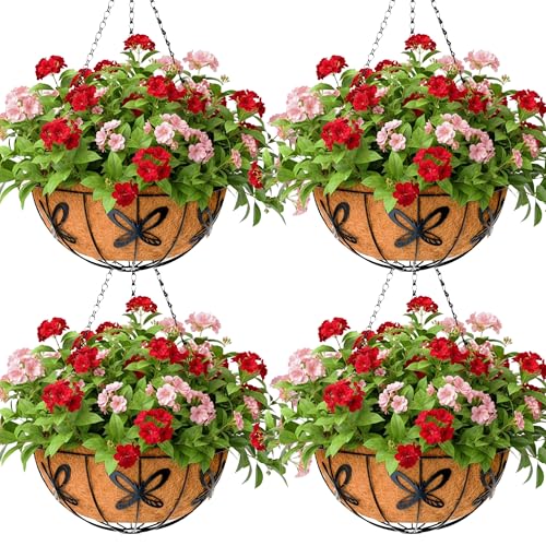 14 inch Metal Hanging Baskets For Plants Outdoor 4 Pack Round Metal Wire Hanging Basket Planter with Coco Fiber Liners Chain Round Wire Plant Holder for Garden, Patio, Deck, Porch Plants Flower Potss - size: 14 Inch, style: Butterfly