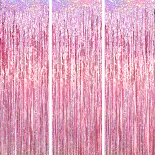 Voircoloria Pink Foil Fringe Backdrop Curtains, 3.3x6.6ft, 3pcs - color: Pink