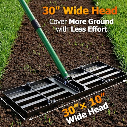 30"x10" Lawn Leveling Rake, Heavy Duty Lawn Leveler with 33"-77" Adjustable Handle, Foldable Ground Leveling Tool for Soil, Sand, Gravel, Ergonomic Design for Lawns, Golf Courses and Backyards