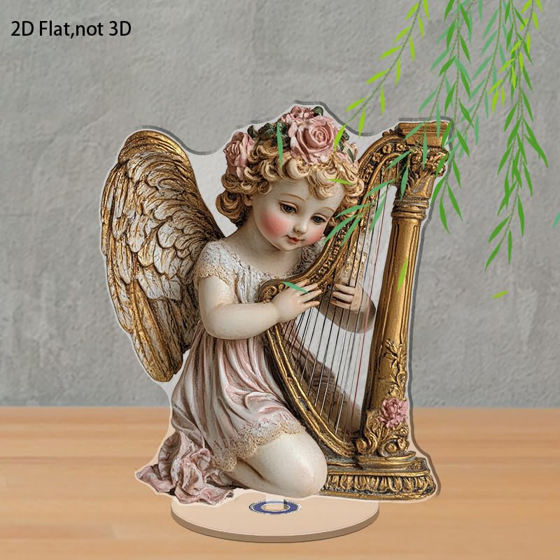 YLUYINOM 2D Flat Acrylic Display Plaque, Delicate Cherub with Golden Wings Playing A Harp Adorned with Pink Roses and Intricate Details. Rotatable, with Base - color: Picture 17