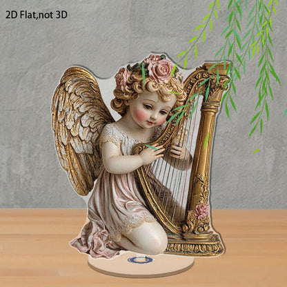 YLUYINOM 2D Flat Acrylic Display Plaque, Delicate Cherub with Golden Wings Playing A Harp Adorned with Pink Roses and Intricate Details. Rotatable, with Base - color: Picture 17