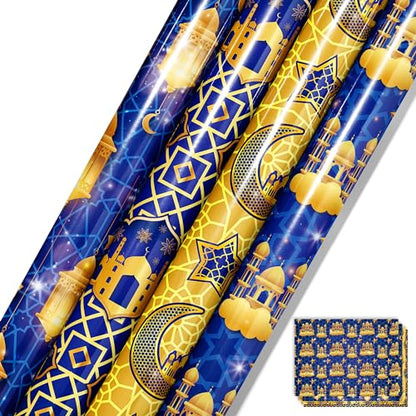 Welpurch 12 Sheets Eid Mubarak Wrapping Paper, 20x27in Moon Star Words Lantern Patterns Gift Wrap Paper Ramadan Kareem Wrapping Paper for Islamic Muslim Party Favor Gift Wrapping Crafts Supplies