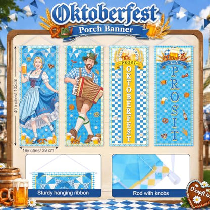 Panelee 4 Pcs Oktoberfest Party Decorations Oktoberfest Prosit Couple Porch Banners Bavarian Hanging Banner Backdrop for German Theme Beer Festival Indoor Outdoor Wall Hanging Decor - style: Oktoberfest