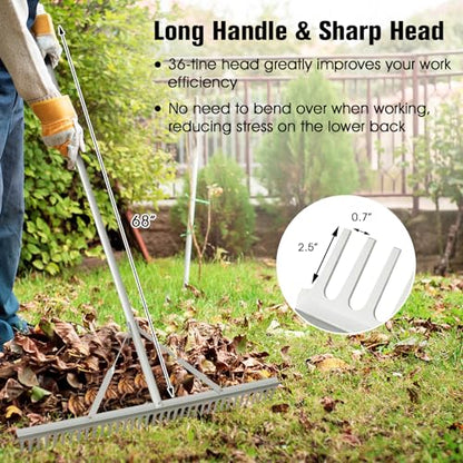 Goplus Landscape Rake 36 Inch, Aluminum Sand Rake w/36 Tines and 68" Long Non-Slip Handle, Beach Rake, Yard Rake Tool for Loosening & Leveling Soil, Garden Lawn Care, Collecting Leaves