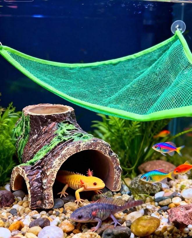 Size S 10-Piece Axolotl Habitat Enrichment Set with Hammock, Hideout, Floating Ball, Float Net, Entertain Rings, Nylon Mesh with Suction Cup for Fish Tank Axolotl Hide for Aquarium - size: Small