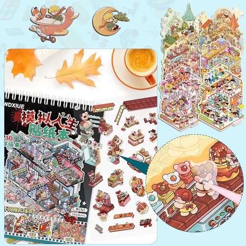 Scene Sticker – 20 Sets of DIY 3D House Scenes Cute Cartoon Stickers Kit for Kids & Adults – Fun Sticker Therapy Activity for Stress Relief, Crafts & Gifts (Black - 20 Set) - color: Black - 20 Set