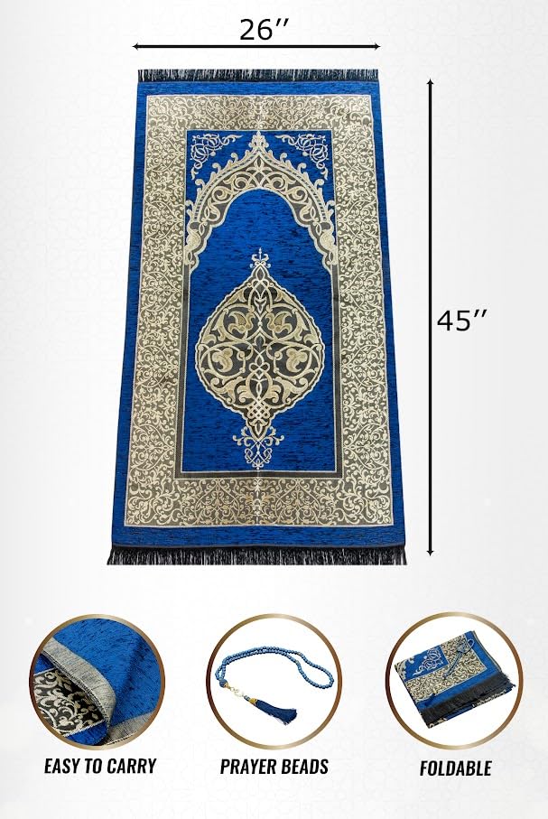 ihvan online Muslim Prayer Rug with 99 Beads Tasbih, Soft Chenille Sajadah, Lightweight & Foldable Janamaz, Portable Travel Prayer Mat, Islamic Gift for Eid, Ramadan, Hajj & Umrah, Navy - color: Navy