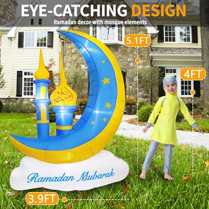 5FT Ramadan Decorations Inflatable Outdoor, Ramadan Mubarak & Eid Mubarak Moon Cloud Star Mosque Decor with Built-in LED Lights, Muslim Islamic Blow Up for Home Yard Garden Party Lawn - style: 5FT Ramadan Mosque Moon