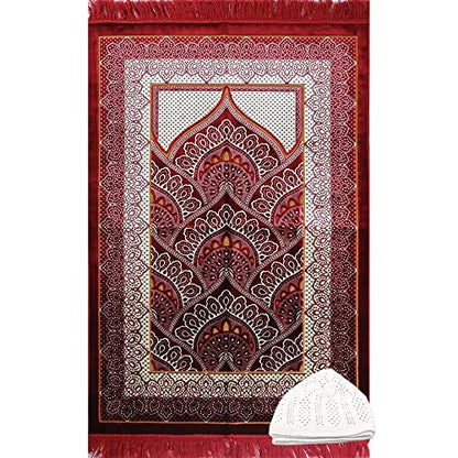 Modefa Islamic Prayer Rug Large Wide Velvet - Muslim Janamaz Sajada - Thick Turkish Prayer Mat Carpet for Men Women- with Kufi Cap - Plush Paisley (Red)