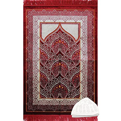 Modefa Islamic Prayer Rug Large Wide Velvet - Muslim Janamaz Sajada - Thick Turkish Prayer Mat Carpet for Men Women- with Kufi Cap - Plush Paisley (Red)