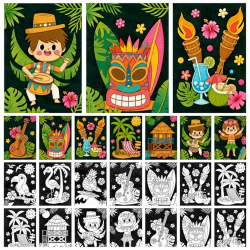 Cinrobiye 48 Pcs Hawaiian Velvet Coloring Posters, Tropical Luau Fuzzy Coloring Sheets Bulk, Flamingo Pineapple Tiki DIY Craft Set for Parties, Events and Creative Art Projects - style: Hawaii