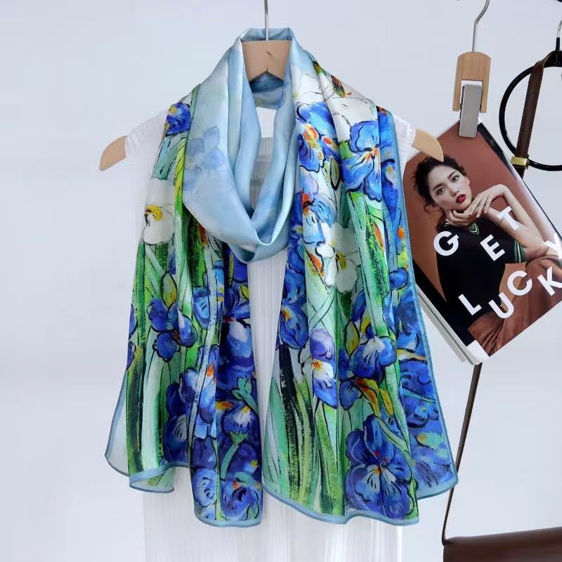 ANDANTINO 100% Silk Long Scarf-Women Large Oblong Shawls with Gift Packed - color: Oil Painting-irises
