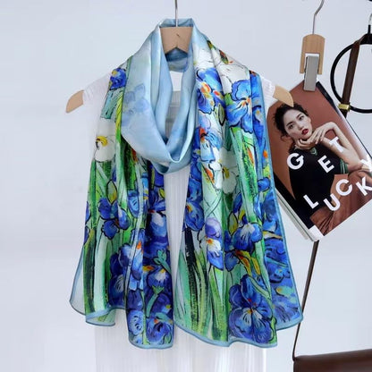 ANDANTINO 100% Silk Long Scarf-Women Large Oblong Shawls with Gift Packed - color: Oil Painting-irises