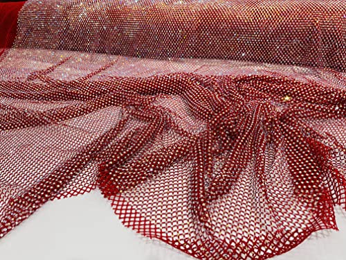 New Creations Fabric & Foam Inc, 45" Wide AB Iridescent Rhinestone On Soft Stretch Fish Net Fabric by The Yard (1 Yard, Iridescent Rhinestones on Red Mesh) - color: Iridescent Rhinestones on Red Mesh
