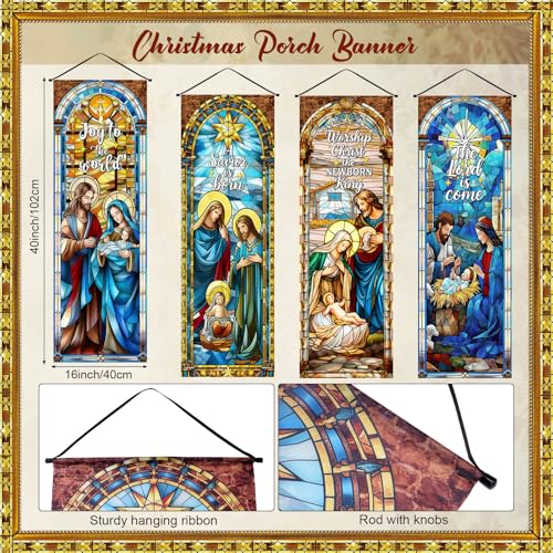 Panelee 4 Pcs Nativity Scene Banner Religious Christmas Backdrop Holy Nativity Stained Glass Style Wall Decorations Jesus Porch Sign for Xmas Indoor Outdoor Church Wall Hanging Decor - style: Nativity