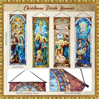 Panelee 4 Pcs Nativity Scene Banner Religious Christmas Backdrop Holy Nativity Stained Glass Style Wall Decorations Jesus Porch Sign for Xmas Indoor Outdoor Church Wall Hanging Decor - style: Nativity