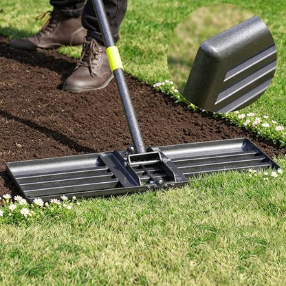 Lawn Leveling Rake Heavy Duty, 30"x10" Large Ground Plate Leveler Tool, Anti Flipping Smooth Edge Pull Behind Garden Landscape Rake for Soil Sand Dirt Yard Top Dressing, Long Handle 65 Inch