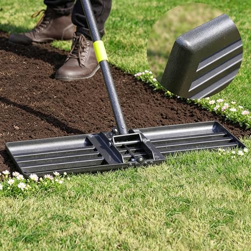 Lawn Leveling Rake Heavy Duty, 30"x10" Large Ground Plate Leveler Tool, Anti Flipping Smooth Edge Pull Behind Garden Landscape Rake for Soil Sand Dirt Yard Top Dressing, Long Handle 65 Inch