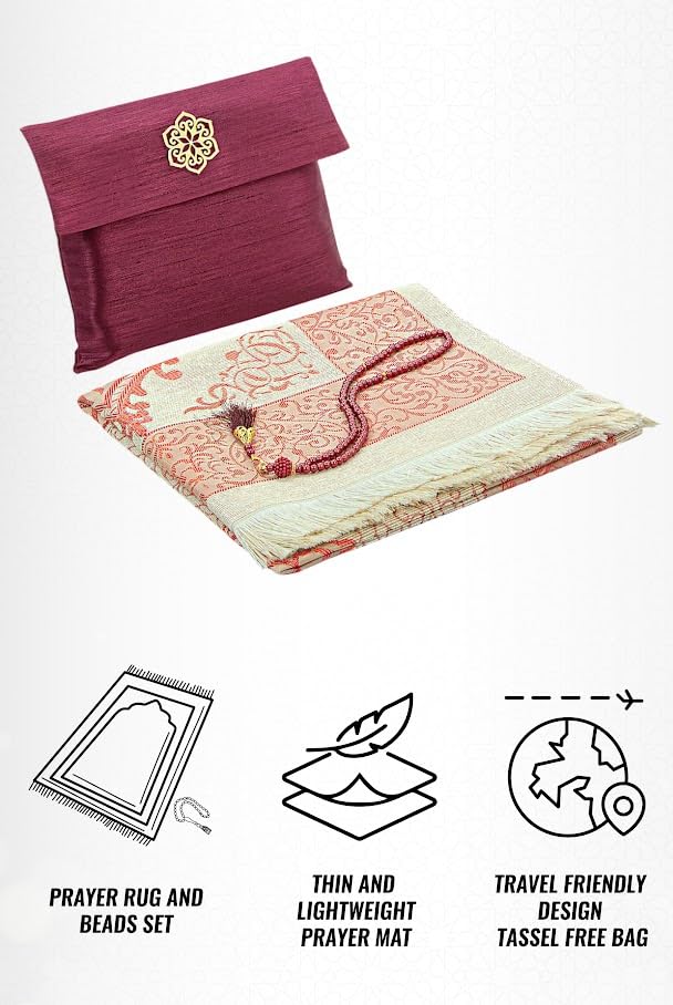 ihvan online Muslim Prayer Rug with 99 Beads Tasbih & Travel Bag, Soft Taffeta Sajadah, Lightweight & Foldable Janamaz, Portable Prayer Mat, Islamic Gift for Eid, Ramadan, Hajj & Umrah, Burgundy - color: Burgundy