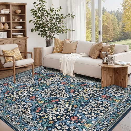 GarveeHome 6x9 Washable Area Rug for Living Room, Floral Dining Room Rugs for Under Table, Low Pile Non-Slip Stain Resistance Floor Carpet for Bedroom, Dark Blue - color: B.blue, size: 6' x 9' (Rectangular)