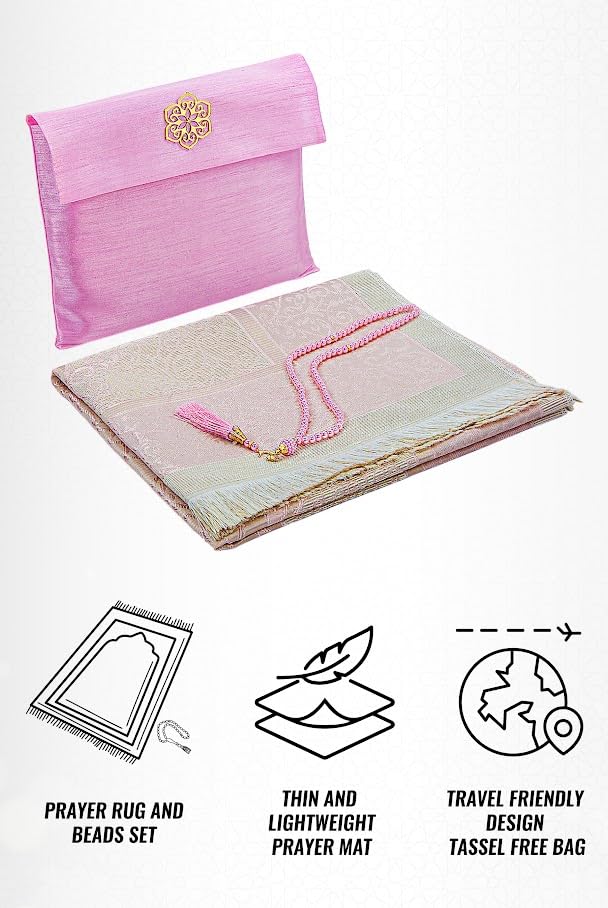 ihvan online Muslim Prayer Rug with 99 Beads Tasbih & Travel Bag, Soft Taffeta Sajadah, Lightweight & Foldable Janamaz, Portable Prayer Mat, Islamic Gift for Eid, Ramadan, Hajj & Umrah, Pink - color: Pink