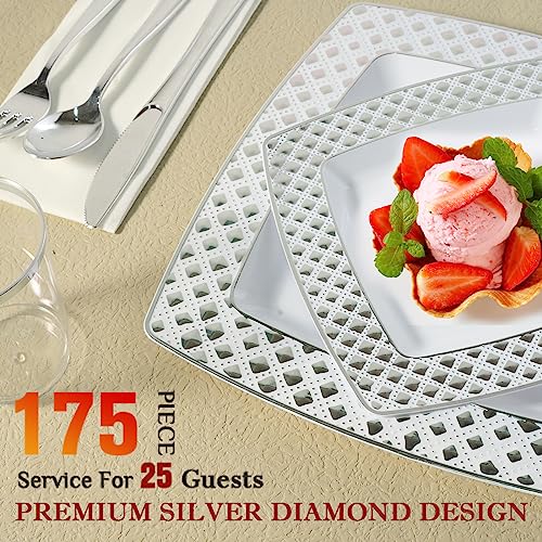 FOCUSLINE 175 Count Silver Dinnerware Set for 25 Guests, Disposable Square Plastic Plates with Diamond Rim, Includes 25 Dinner & Dessert Plates, Napkins, Cups, Cutlery Set for Wedding Parties - color: Silver Diamond Rim Plates
