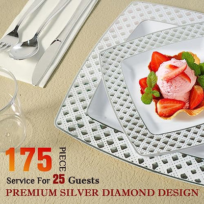FOCUSLINE 175 Count Silver Dinnerware Set for 25 Guests, Disposable Square Plastic Plates with Diamond Rim, Includes 25 Dinner & Dessert Plates, Napkins, Cups, Cutlery Set for Wedding Parties - color: Silver Diamond Rim Plates