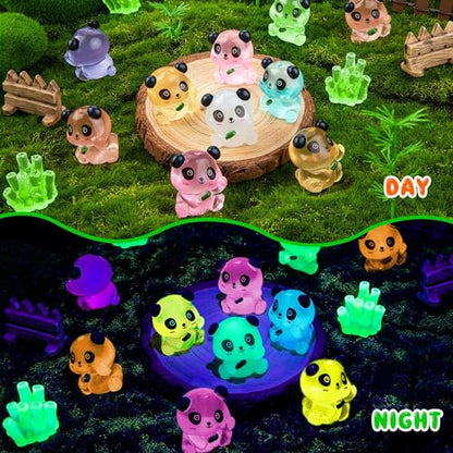 18PCS Luminous Mini Resin Panda Figurines with 2 Bamboos for Dollhouse | Cute Panda Figurines Miniature, Glow in The Dark Mini Panda Bamboo Bulk, Cake Topper, Micro Landscape, Garden DIY - style: MiniPanda 20PCS