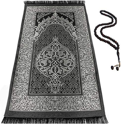 BAYKUL Muslim Prayer Rug, Islamic Turkish Prayer Rugs, Great Ramadan Gifts, Prayer Mat for Women and Men,Islam Carpet,Portable Muslims Mats,Praying Rugs Islam with Beads-Gift Prayer Beads 99 (Grey) - color: Grey