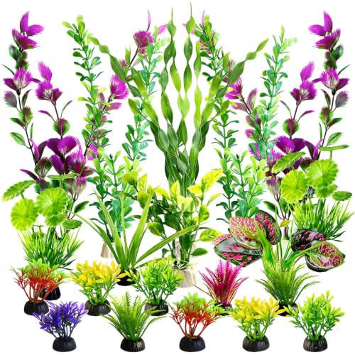 Artificial Aquarium Plants Realistic Green Plastic Fish Tank Decorations | 22Pcs Natural-Looking Aquatic Plants Decor for Betta, Goldfish and Freshwater Aquariums