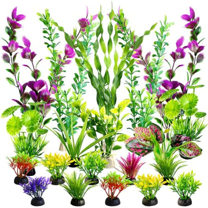 Artificial Aquarium Plants Realistic Green Plastic Fish Tank Decorations | 22Pcs Natural-Looking Aquatic Plants Decor for Betta, Goldfish and Freshwater Aquariums
