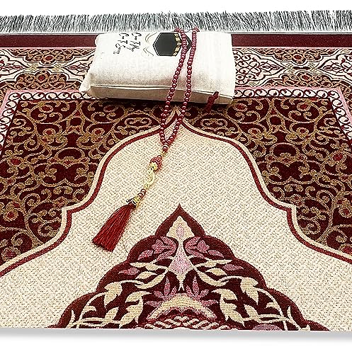ESERRA Muslim Prayer Rug - 99 Beads & Cap Included, Islam Prayer Mats for Men, Women & Kids (Red) - color: Red