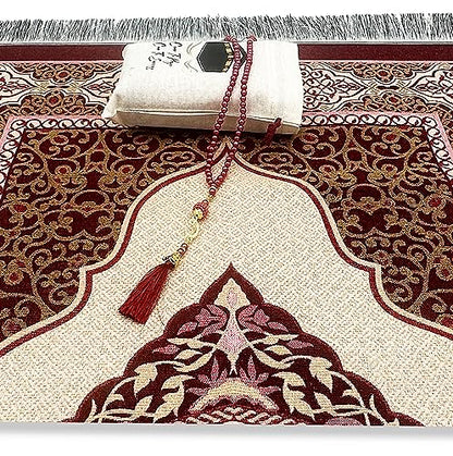 ESERRA Muslim Prayer Rug - 99 Beads & Cap Included, Islam Prayer Mats for Men, Women & Kids (Red) - color: Red