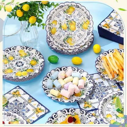 Funnymoom 96 Pieces Capri Lemon Tableware Set for 48 Guests Include 48 Pcs 7 Inch Dessert Plates and 48 Pcs Napkins Watercolor Disposable Dinnerware for Summer Birthday Holiday Tea Party Supplies - style: Lemon