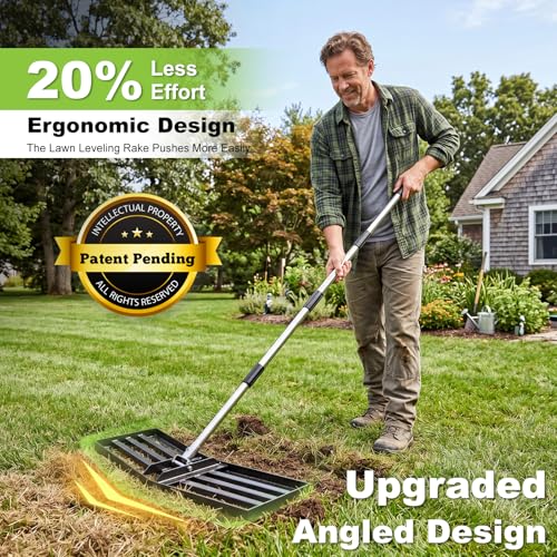 36" x 10" Lawn Leveling Rake, Angled Design Yard Leveler Rake | Stainless Steel Landscape Rake with 74" Adjustable Handle, Ground Leveler for Dirt, Farm, Sand, Soil, Pasture, Golf Course - size: 36 Inch